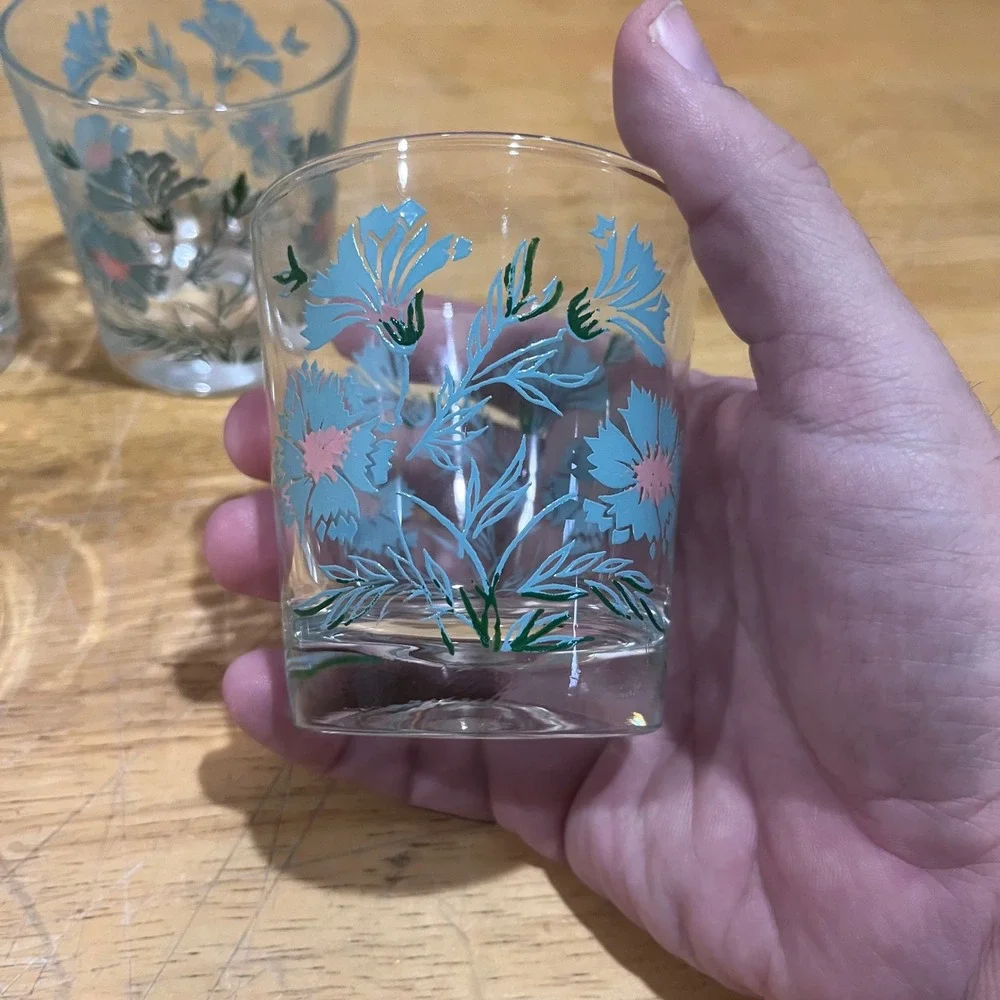Vtg Taylor Smith & Taylor Teal Ever Yours Floral Juice Glasses Set of‎ 4 MCM